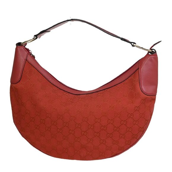 GUCCI Logo GG Pattern Shoulder Hobo Bag Canvas Leather Red Italy - Picture 1 of 16